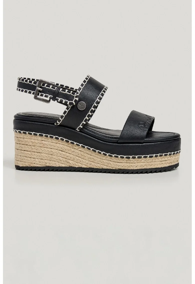 Sandale wedge de piele ecologica cu aplicatie de iuta, Negru/Gri deschis