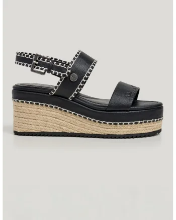 Sandale wedge de piele ecologica cu aplicatie de iuta, Negru/Gri deschis