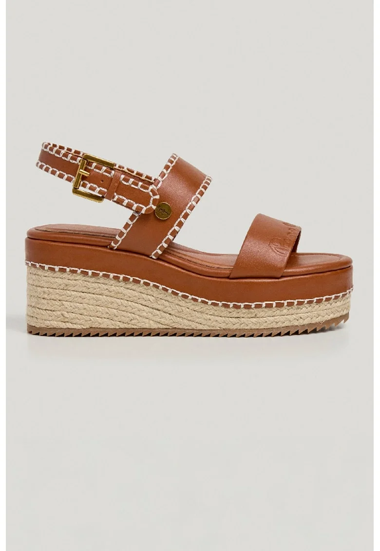 Sandale wedge de piele ecologica cu aplicatie de iuta, Alb/Auriu/Maro scortisoara