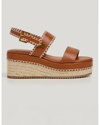 Sandale wedge de piele ecologica cu aplicatie de iuta, Alb/Auriu/Maro scortisoara