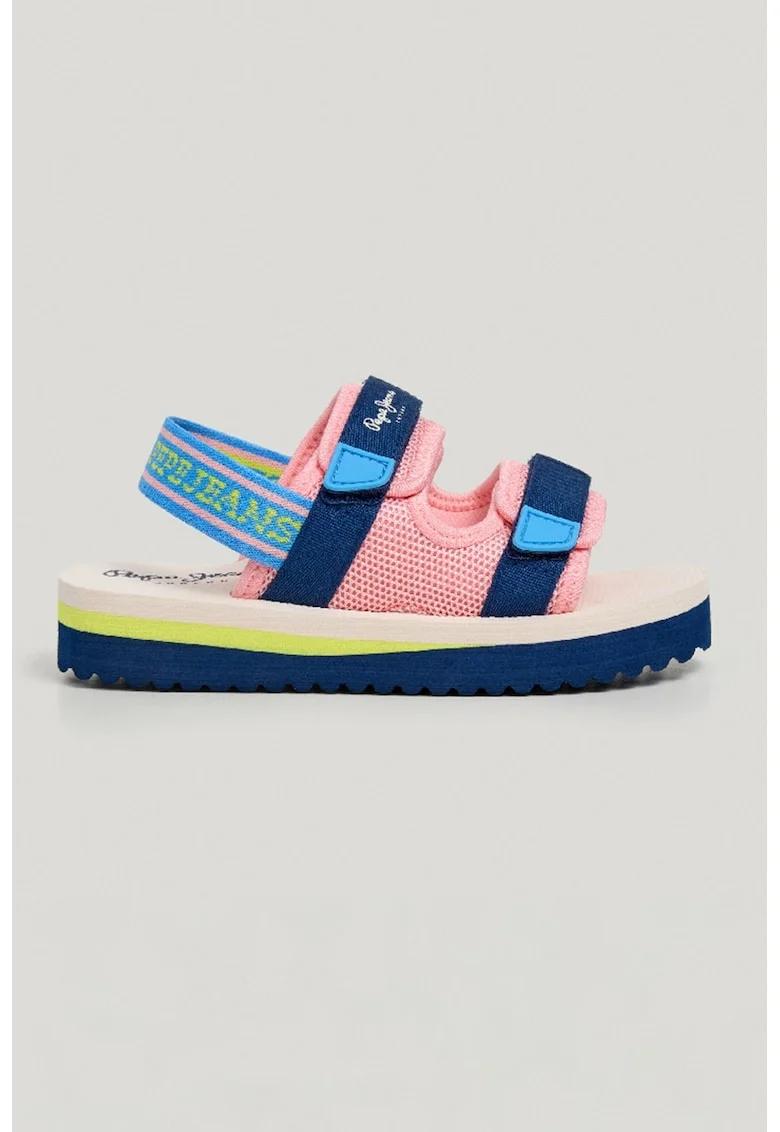 Sandale cu velcro si bareta elastica, Roz pastel/Albastru royal/Bleumarin/Verde fistic
