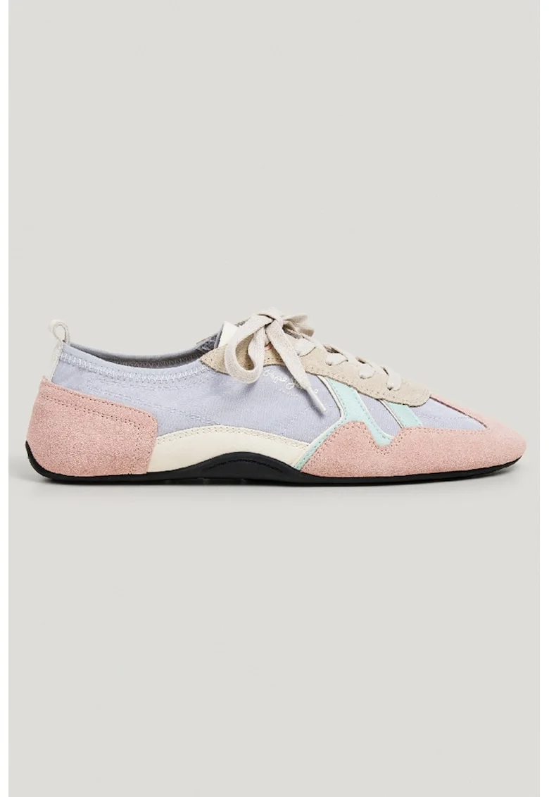 Pantofi sport cu talpa plata si garnituri de piele intoarsa, Albastru azur/Albastru glaciar/Roz prafuit/Bej deschis