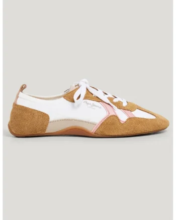 Pantofi sport cu talpa plata si garnituri de piele intoarsa, Alb/Maro scortisoara/Roz deschis