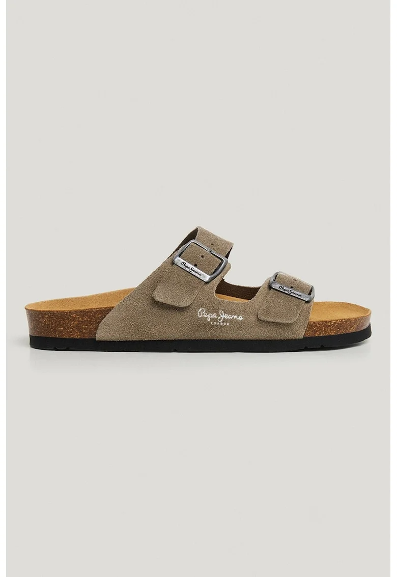 Papuci de piele intoarsa cu catarame decorative, Kaki