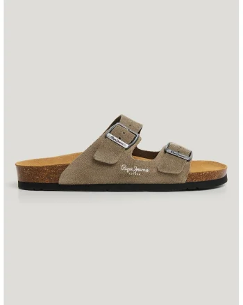 Papuci de piele intoarsa cu catarame decorative, Kaki