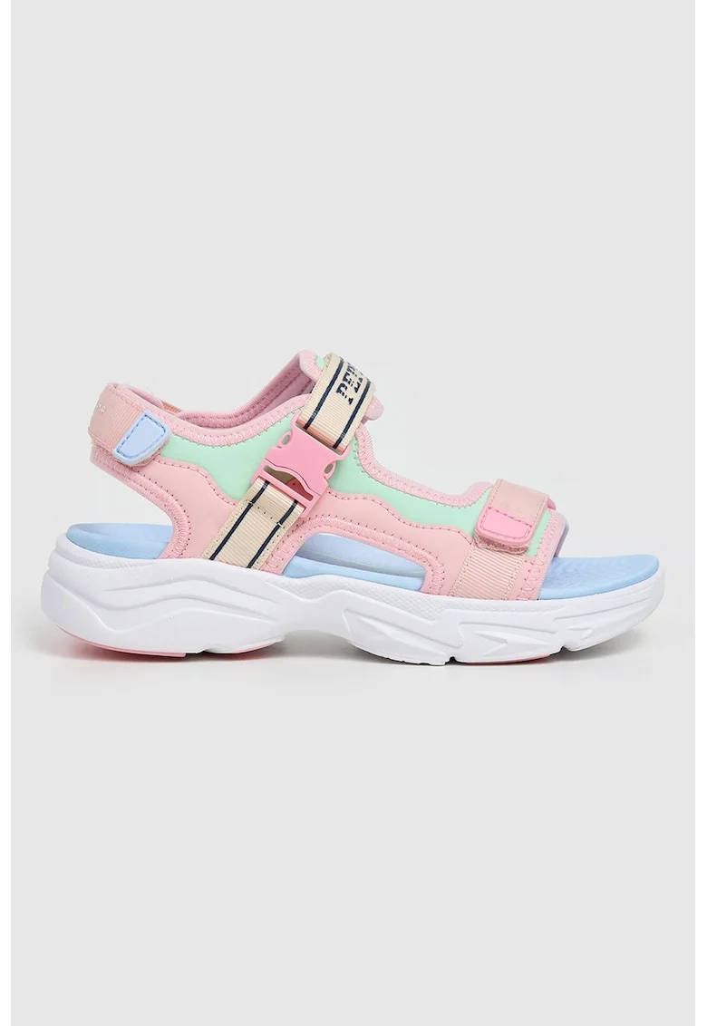 Sandale demiwedge cu velcro, Albastru aquamarin/Albastru lavanda/Roz pastel/Bej