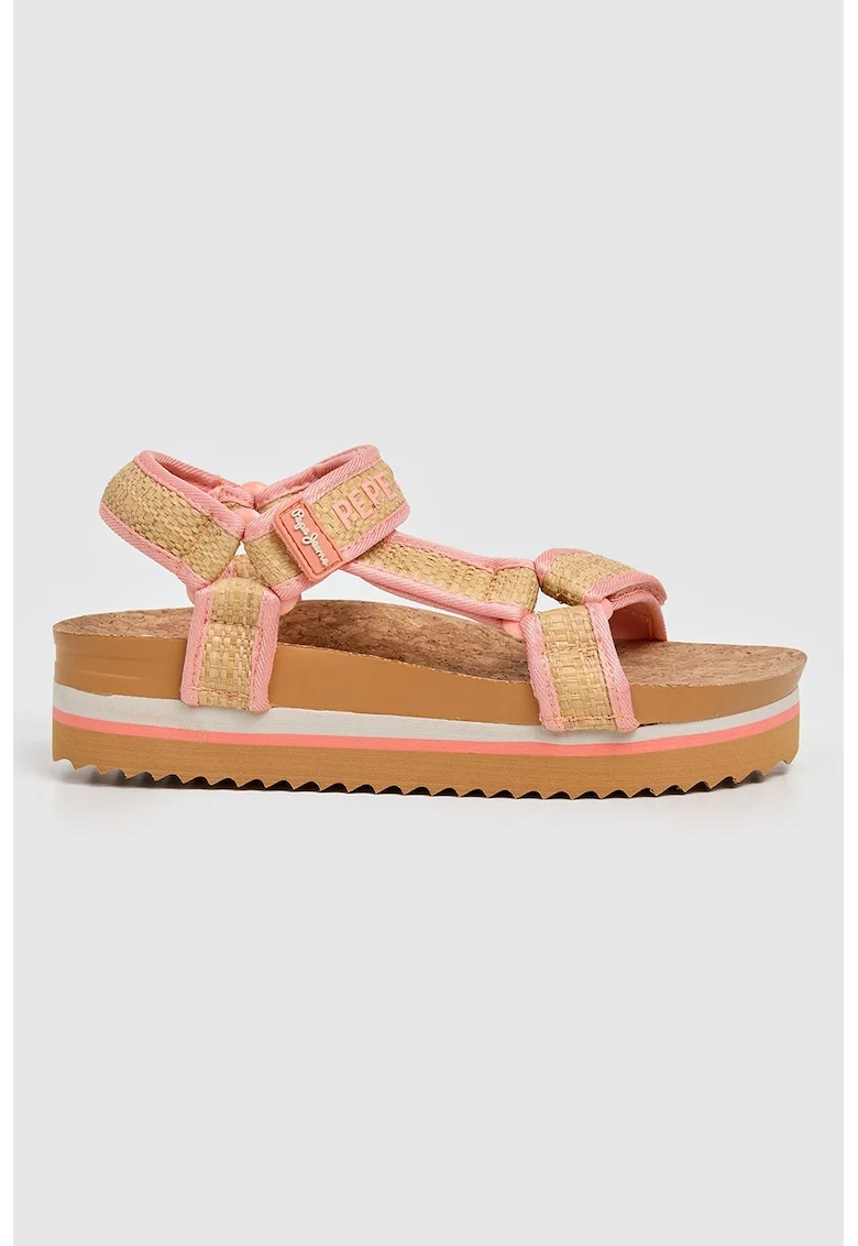 Sandale wedge cu velcro, Roz deschis/Bej