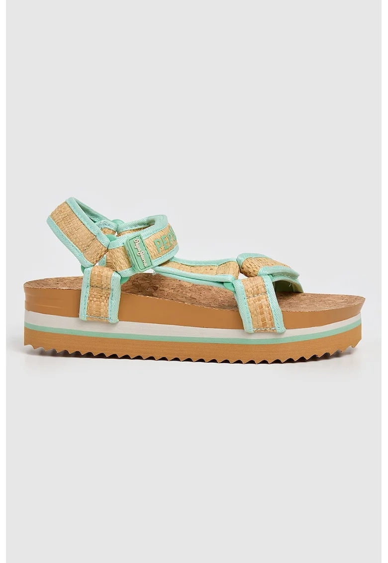 Sandale wedge cu velcro, Bej/Verde menta