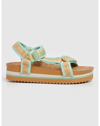 Sandale wedge cu velcro, Bej/Verde menta