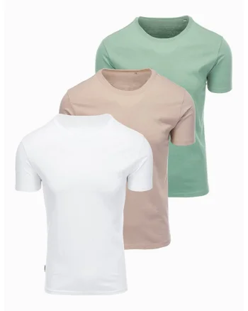 Set de tricouri regular fit din bumbac - 3 piese, Alb/Bej/Verde deschis