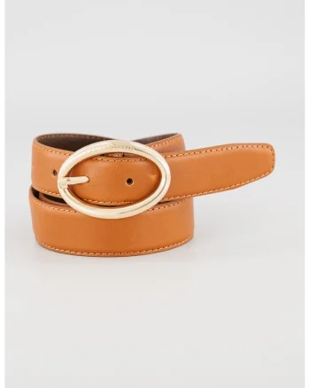 Curea de piele cu catarama metalica ovala, Caramel
