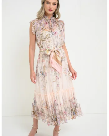 Rochie midi cu model floral, Bej deschis