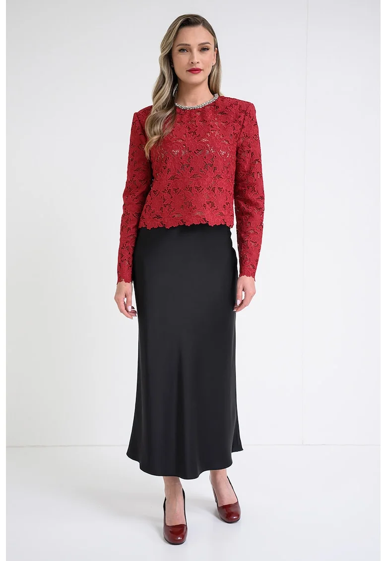Bluza de dantela cu decolteu la baza gatului, Rosu inchis