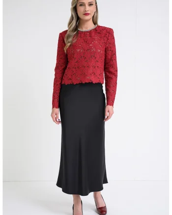 Bluza de dantela cu decolteu la baza gatului, Rosu inchis
