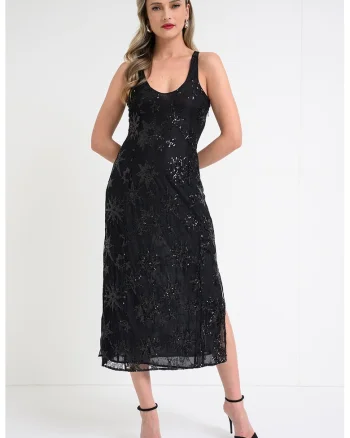Rochie midi cu aplicatii de paiete Rarysa, Negru