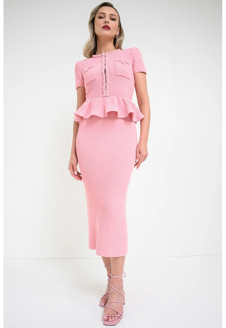 Rochie din tricot cu margele si volane, Roz deschis