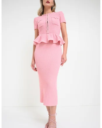 Rochie din tricot cu margele si volane, Roz deschis