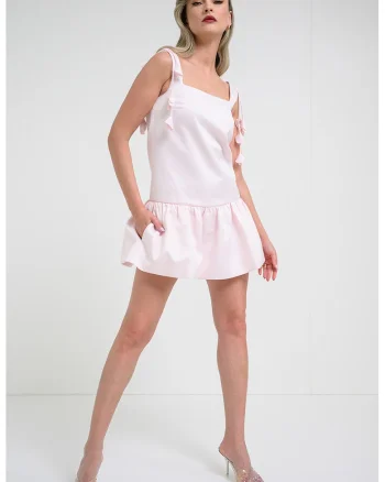 Rochie mini din tafta cu decolteu patrat, Roz pal