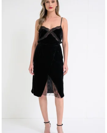 Fusta midi de catifea cu insertie florala din dantela, Negru