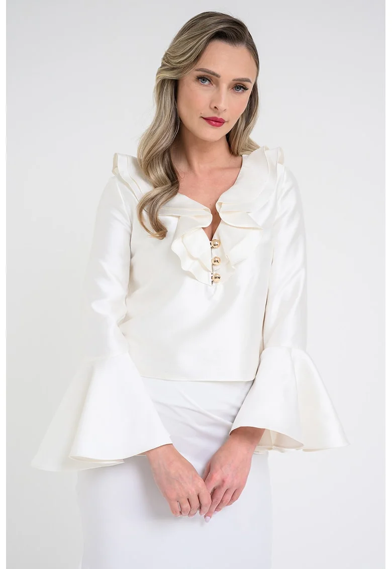 Bluza de satin cu garnituri cu volane, Crem