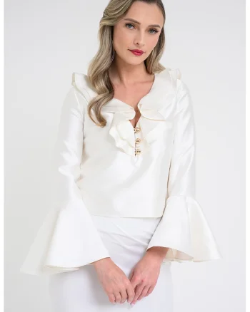 Bluza de satin cu garnituri cu volane, Crem