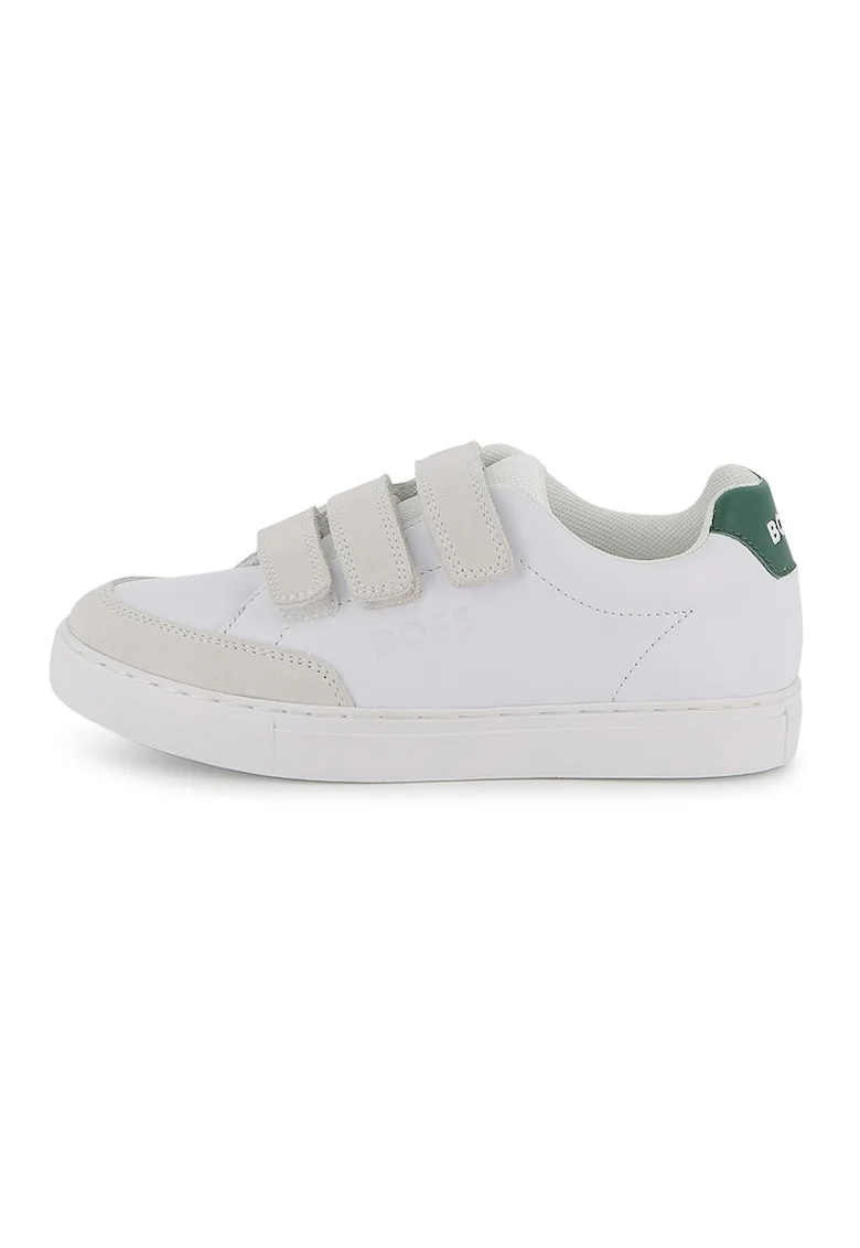 Pantofi sport de piele ecologica si velcro, Alb/Grej