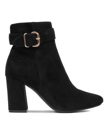 Botine dama,  material sintetic, negru, toc subtire, inchidere cu fermoar