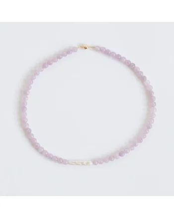 Colier handmade realizat din pietre semipretioase amestist, perla baroc, accesorii cupru cu inchidere cu magnet