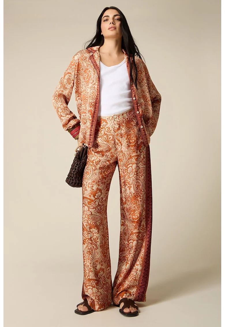 Pantaloni cu croiala ampla si imprimeu floral, Portocaliu pal