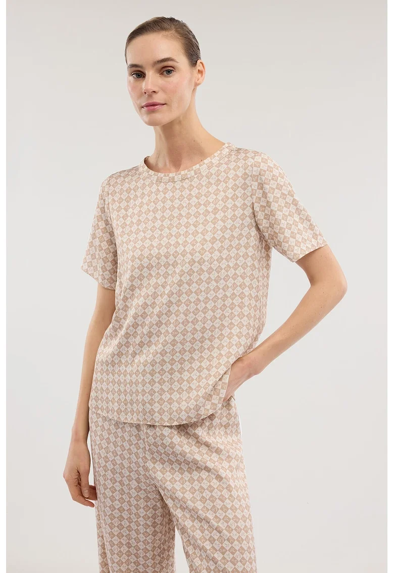 Tricou lejer cu model logo, Ecru/Bej inchis