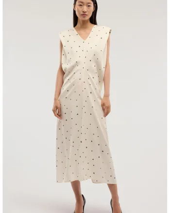 Rochie cu decolteu in V si buline, Gri carbon/Bej sampanie