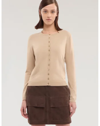 Cardigan cu decolteu rotund si nasturi, Maro camel