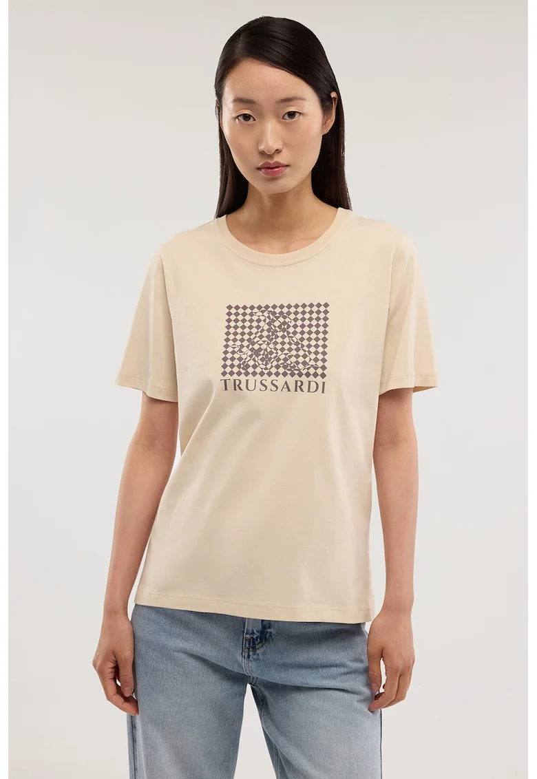 Tricou din bumbac cu imprimeu grafic si logo, Maro cafeniu/Maro nisip