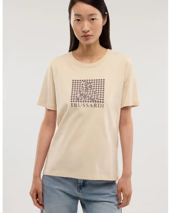 Tricou din bumbac cu imprimeu grafic si logo, Maro cafeniu/Maro nisip