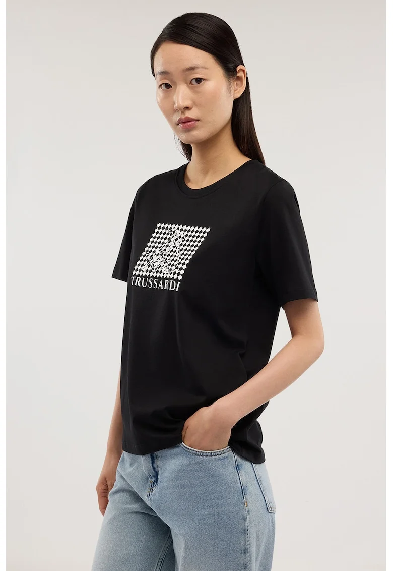 Tricou din bumbac cu imprimeu grafic si logo, Negru