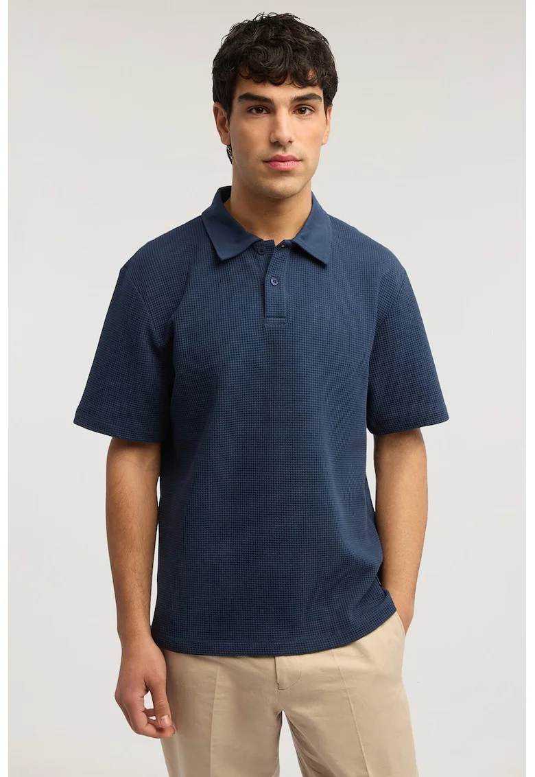 Tricou polo texturat din amestec de bumbac, Albastru inchis