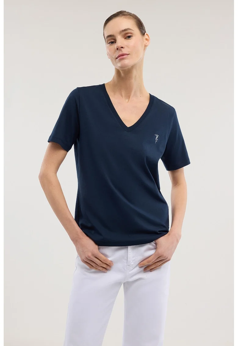 Tricou din bumbac cu decolteu in V, Bleumarin