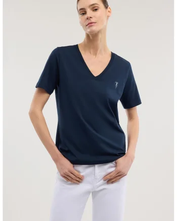 Tricou din bumbac cu decolteu in V, Bleumarin