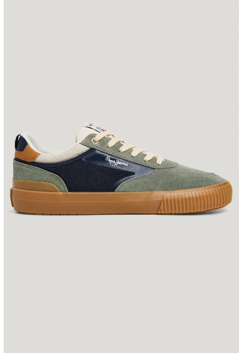 Pantofi sport din piele intoarsa si material textil cu insertii de piele ecologica, Albastru ultramarin/Maro scortisoara/Verde sparanghel/Alb murdar