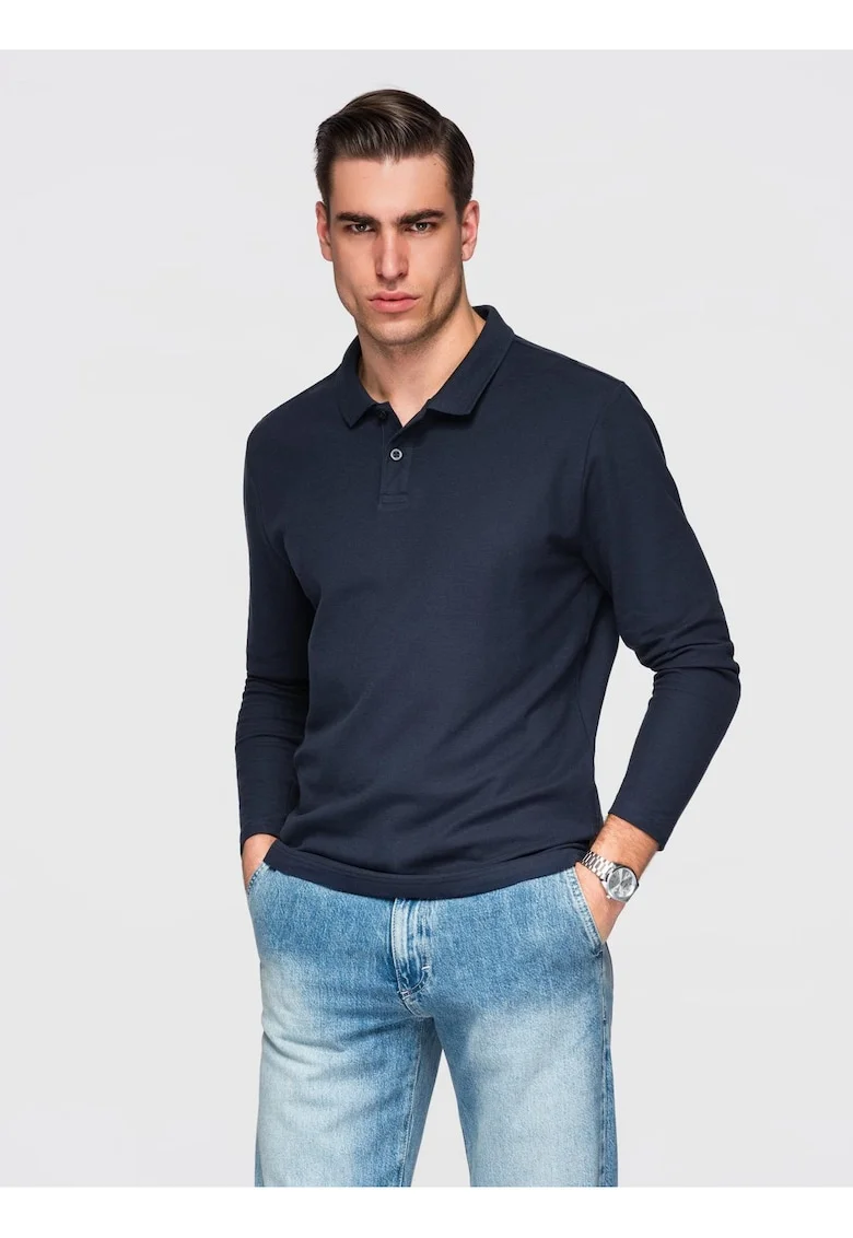 Bluza longsleeve cu guler polo  OM-POBL-0162, Albastru inchis