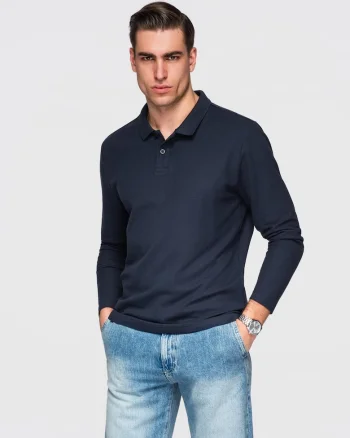 Bluza longsleeve cu guler polo  OM-POBL-0162, Albastru inchis