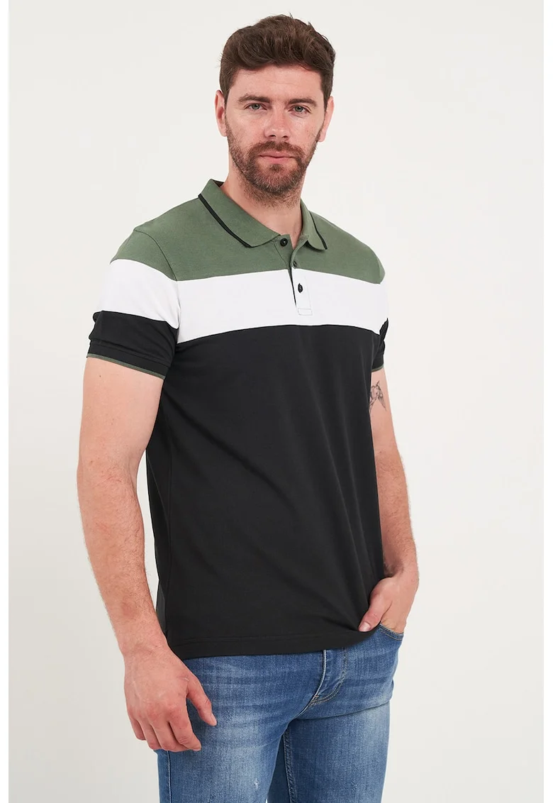 Tricou polo cu model colorblock, Alb/Negru/Kaki