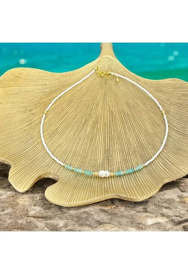 Colier choker elegant Isra din argint placat cu aur, cristale de Amazonit, Perla si Miyuki
