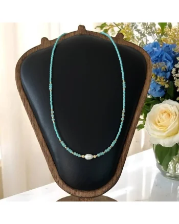 Colier choker handmade Elina din miyuki albastru cu Acvamarin si argint placat cu aur 925