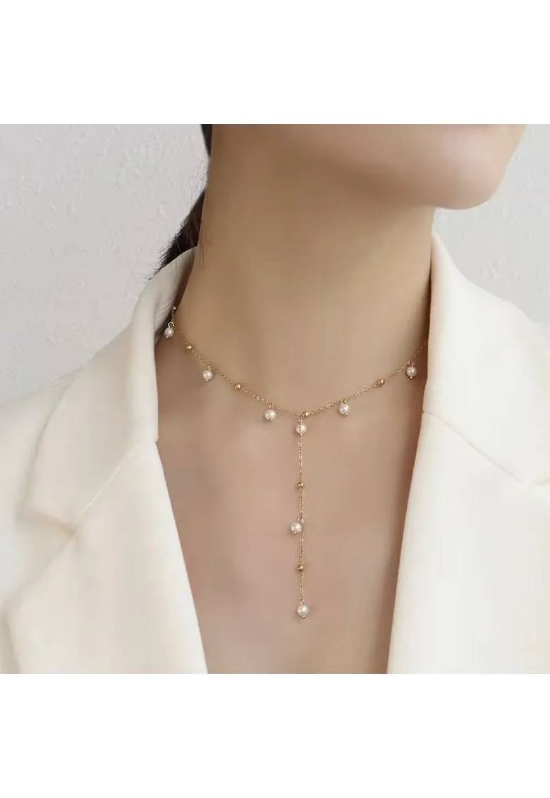 Colier tassel elegant lung din otel inoxidabil placat cu aur si perle Yanira