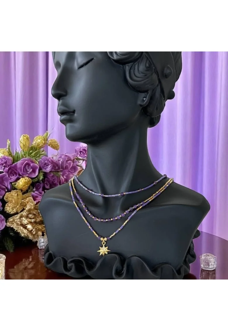 Colier elegant 3 straturi Safyia din Ametist cu Miyuki mov si argint placat cu aur, ajustabil