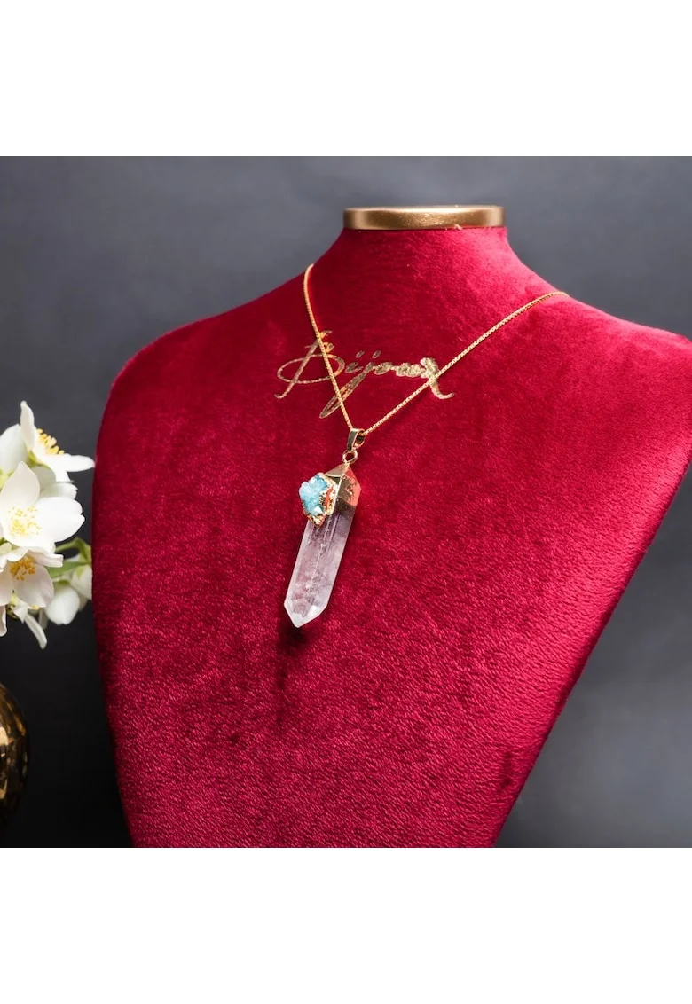 Lant cristale Ira ❤️ cu pandantiv Cristal de Stanca, Varf de Cuart transparent, placat cu aur 18K si Druzy Agate