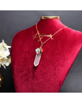 Lant cristale Ira ❤️ cu pandantiv Cristal de Stanca, Varf de Cuart transparent, placat cu aur 18K si Druzy Agate