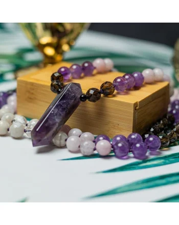 Tanay, Colier Mala 108 cu varf dublu de Ametist si margele de Kunzit, Smoky Quartz si Cuart transparent