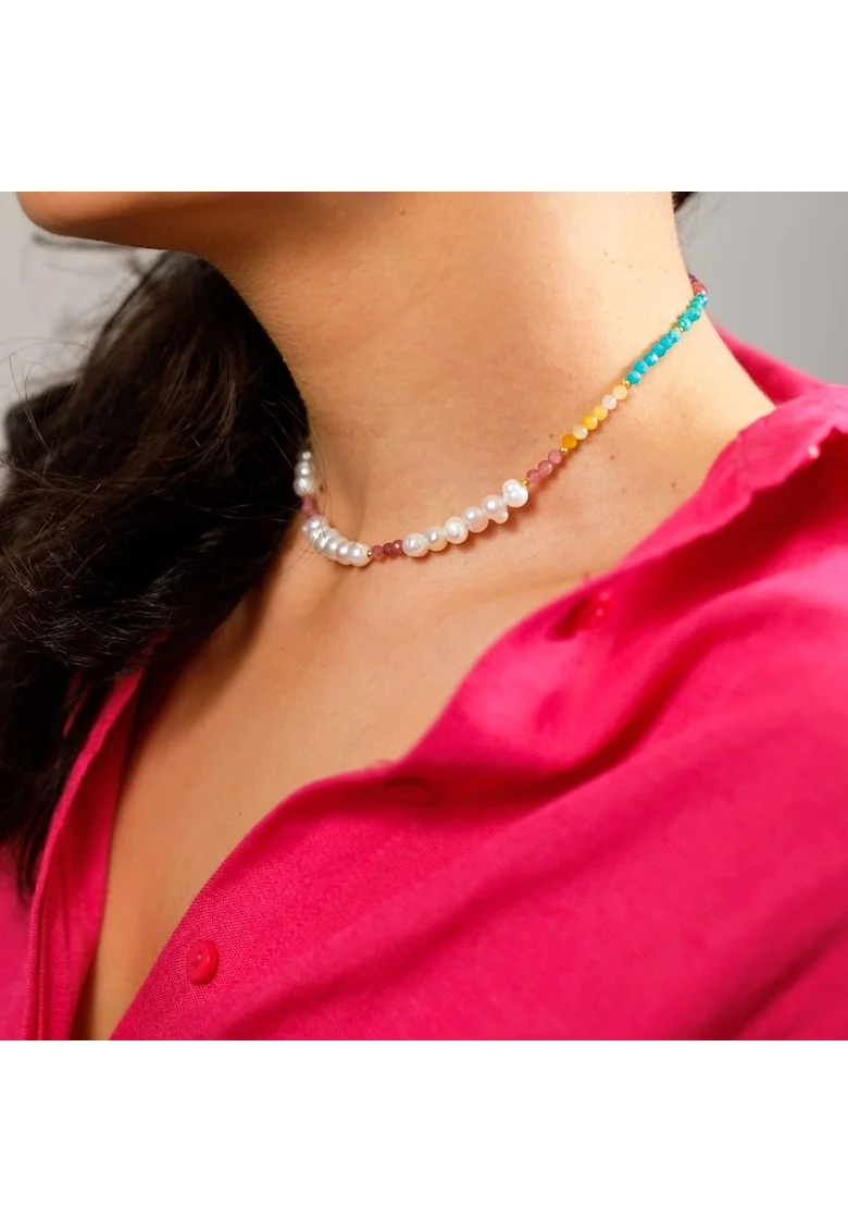 Colier Choker perle naturale Taya cu cristale de Turmalina roz, Topaz, Amazonit si Ametist din Argint 925 placat cu aur